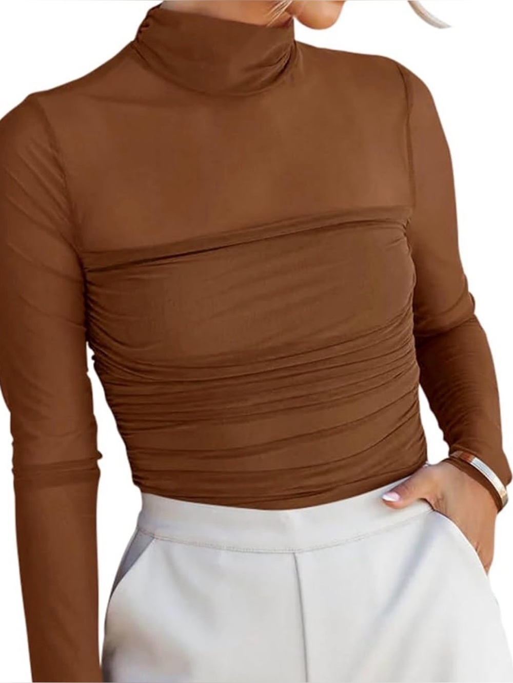 ReoRia Chocolate Brown Mock Neck Ruched Long Sleeve Top